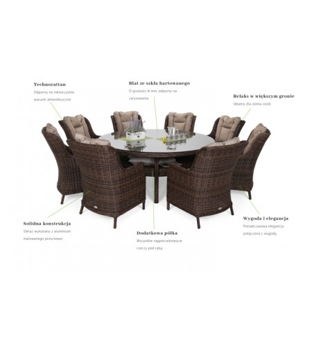 Meble ogrodowe technorattanowe Bristol Round Elegant 180 cm Brown Mat / Brown Melange 8+1